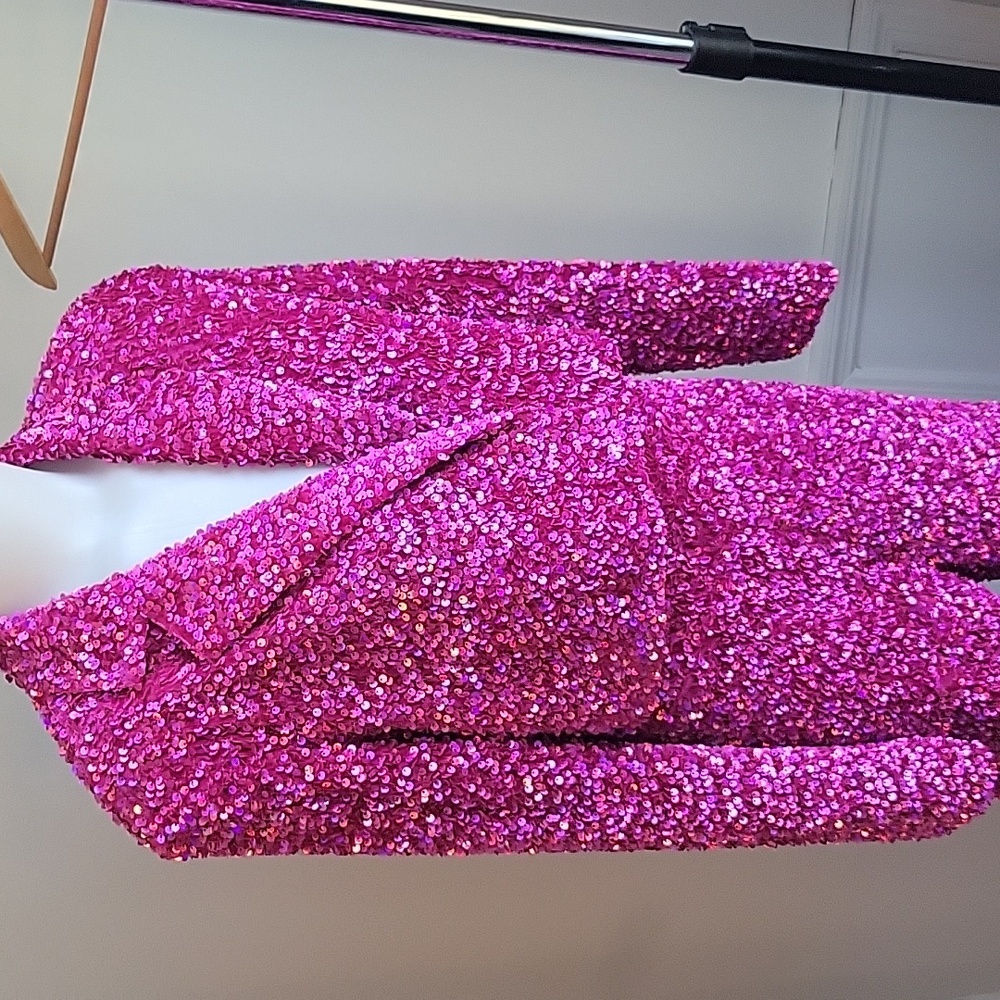 NWT Nasty Gal hot pink crop sequin jacket and matching flare pants size 6